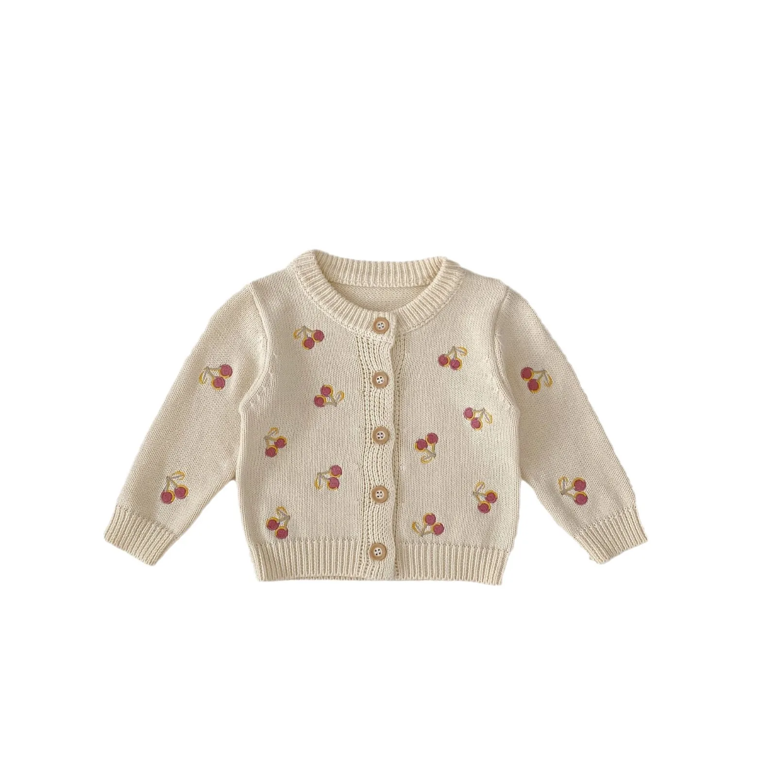 2024 Autumn New Baby Long Sleeve Knit Cardigan Infant Girls Cherry Embroidery Sweater Jacket Toddler Knitted Coat Kids Clothes