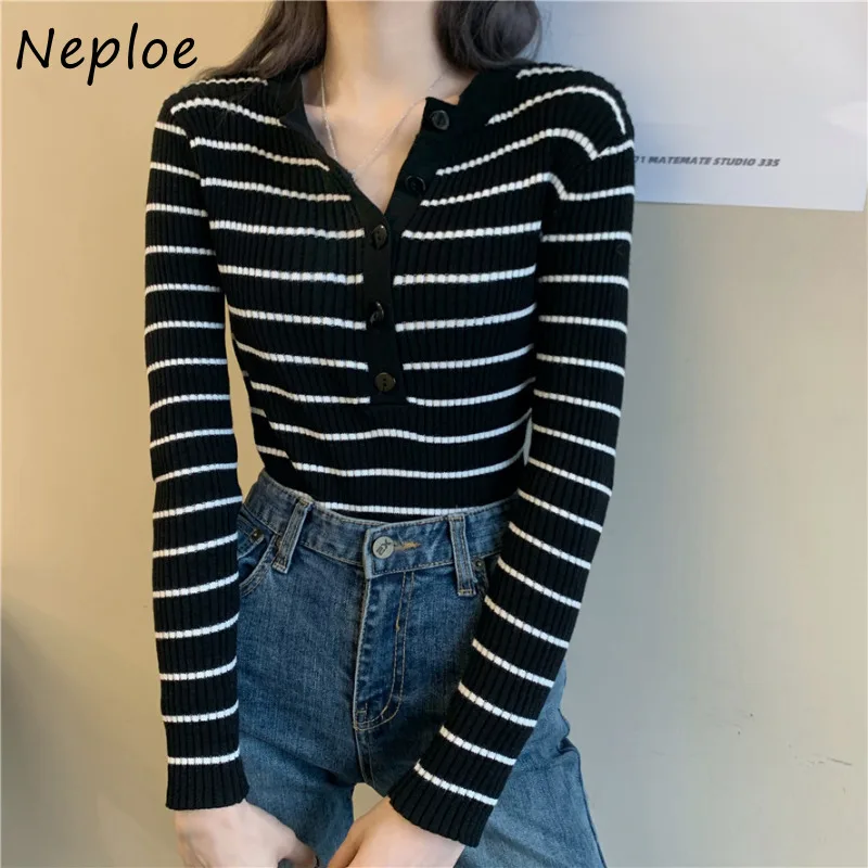 Neploe Korean Fashion Stripe Knitted Tops Women Y2k Slim Fit Sweaters Mujer 2024 Early Autumn New Bottoming Pullovers