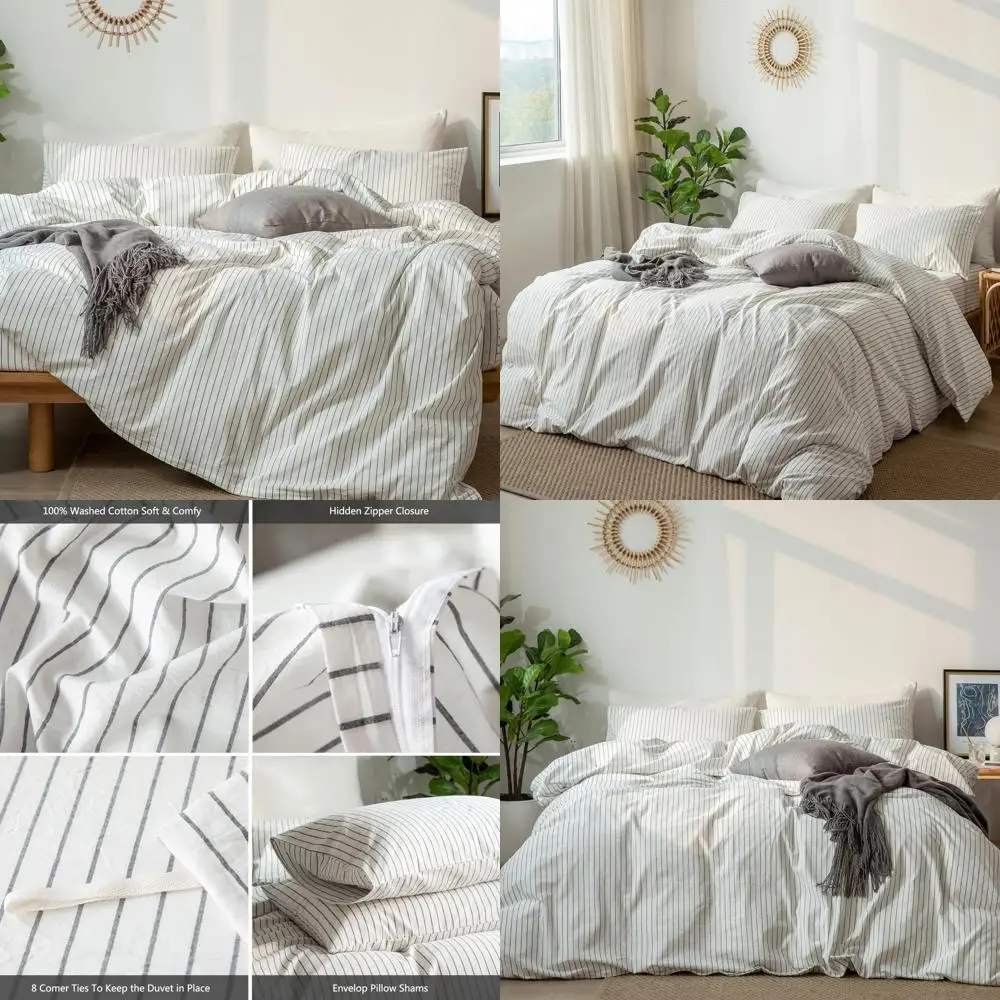 

100% Cotton Washed Linen Texture Duvet Cover Set - Breathable, Durable, Soft Comfort in Wide Stripe White and Dark Grey