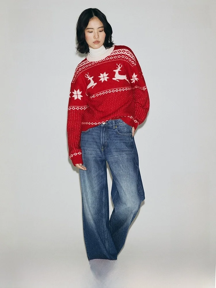 

H&M Women's Knitted Sweater New Year Inner Wear Fair Isle Red Spring Casual Sle Regular Thin Polyester Blend Crew Ne