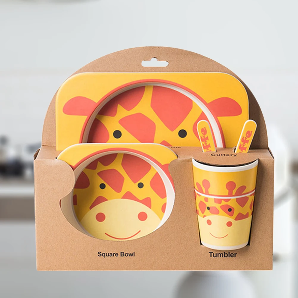 

5 Pcs Kids Cutlery Set Bamboo Fiber Giraffe Pattern Baby Dinnerware Plate Bowl Tumbler Fork Spoon Healthy Feeding