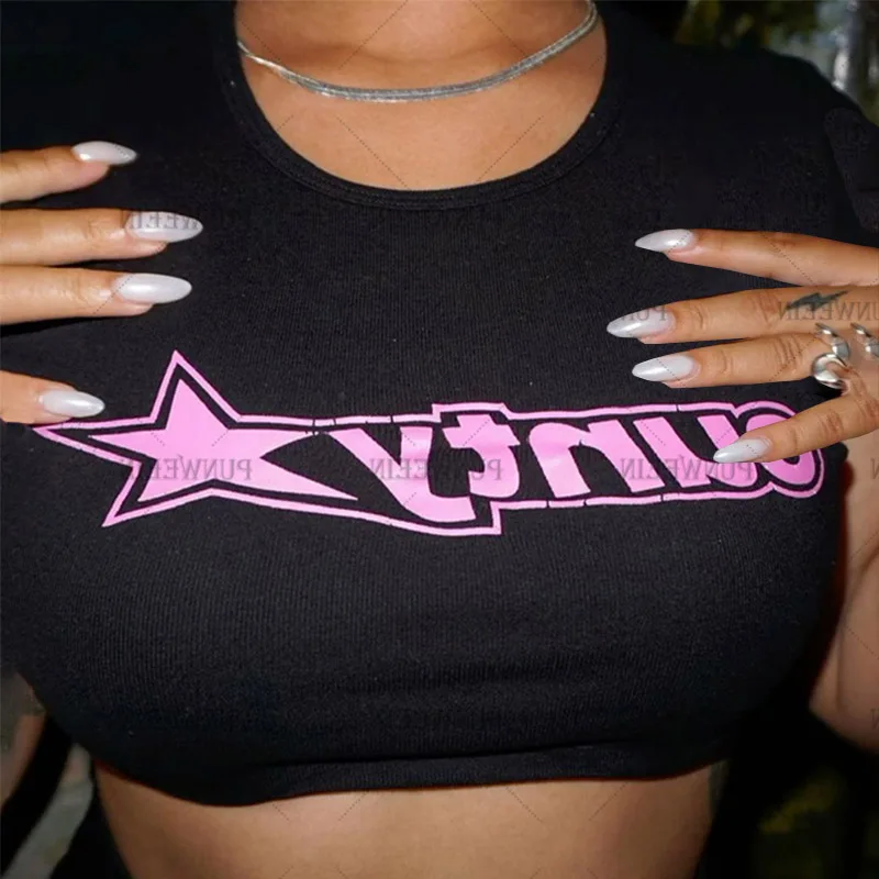 Summer Harajuku Aesthetics Top Hip Hop Letter Graphic Print Y2K Crop Top Vintage Punk Tee Casual Streetwear Short Sleeve T-shirt