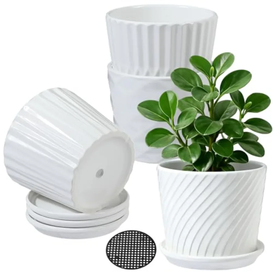Plant Pots - Cylinder Ceramic Planters with Connected Saucer, Pots for Succuelnt and Little Snake Plants, Set of 4, White