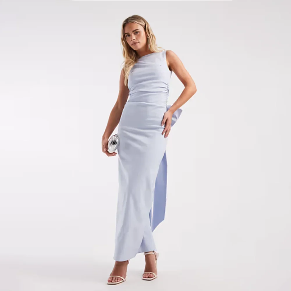 

Women's Formal Evening Gowns Sleeveless Pleated Bow Evening Dresses For Wedding Guest Elegant Straight Formal Party Dresses