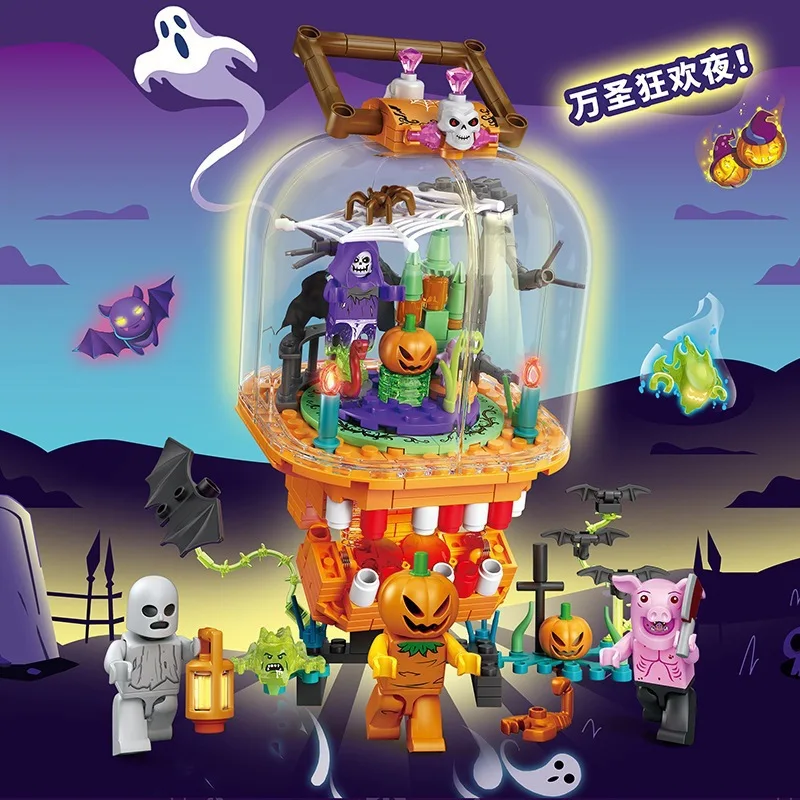 Halloween criativo blocos de construção conjunto moc halloween cabana abóbora lanterna abóbora casa decoração montar tijolos kit brinquedos presentes