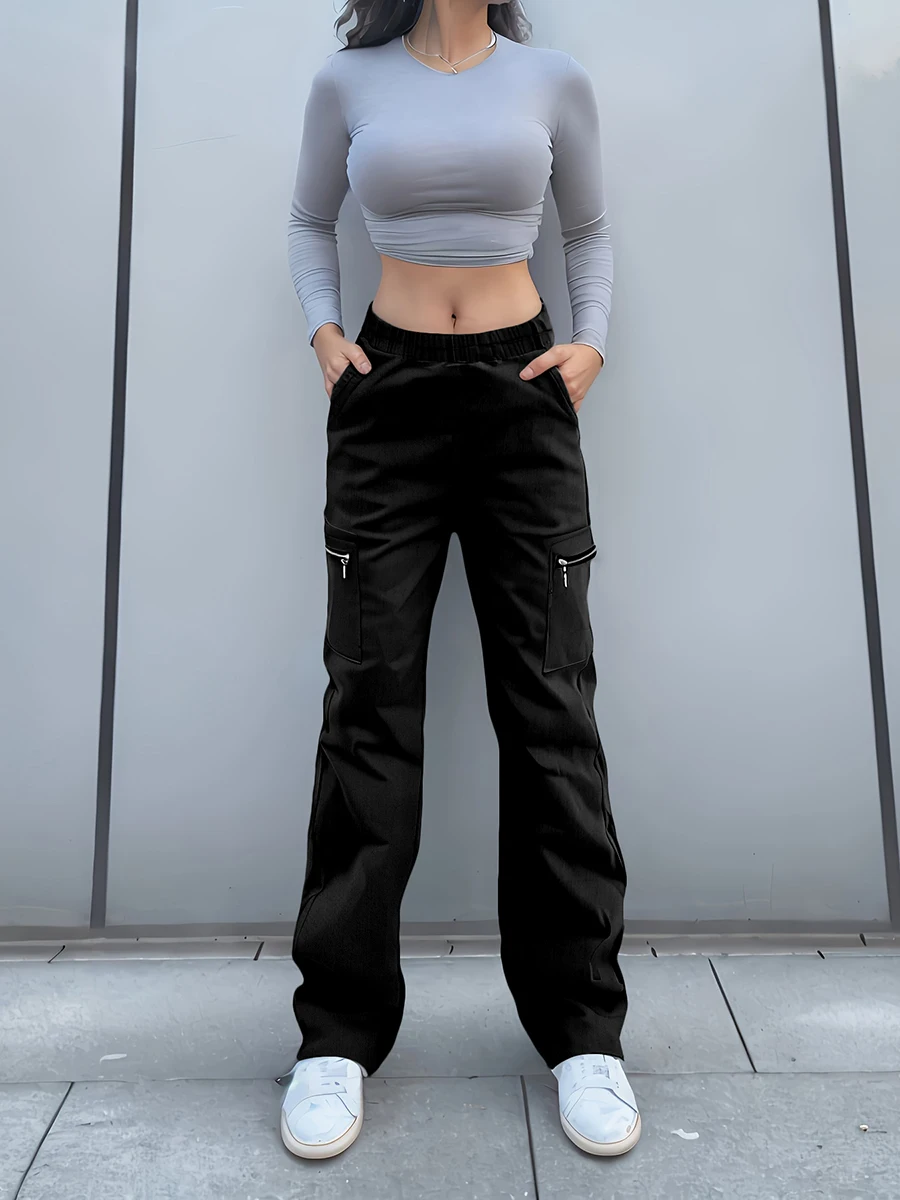 Women Y2K Streetwear Black Cargo Pants Autumn Winter Casual Loose Wide Leg Trousers High Waist Zip Pocket Techwear Baggy Pants