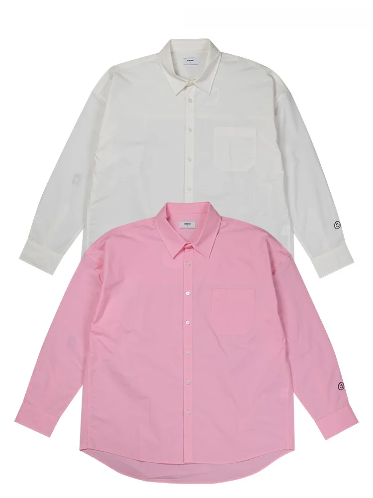 

Korean Style Face Embroidery Pure Color Casual Loose Collar Long Sleeve Mid-Length Shirt Unisex Comfortable Breathable