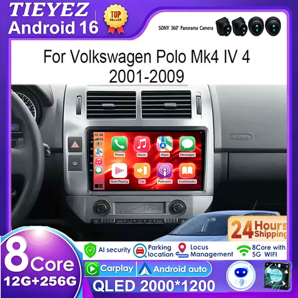 Android 16 GPS Carplay QLED Screen Auto Stereo Car Radio For Volkswagen VW Polo MK4 6Q 9N 9N3 2004-2009 Multimedia Video Player