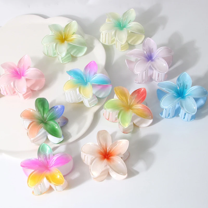 

8CM Women Plastic Barrettes Sweet And Cute Plumeria Flower Shape Hairpin Shark Clip Hair Accessories Pearlescent Gradient Style