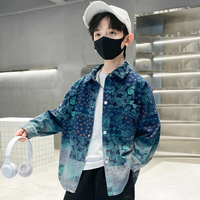 Vintage Print Children Casual Denim Shirt Jacket for Tweens Boys Age 5 To 14 Years Old Kids Spring Autumn Streetwear Outerwear