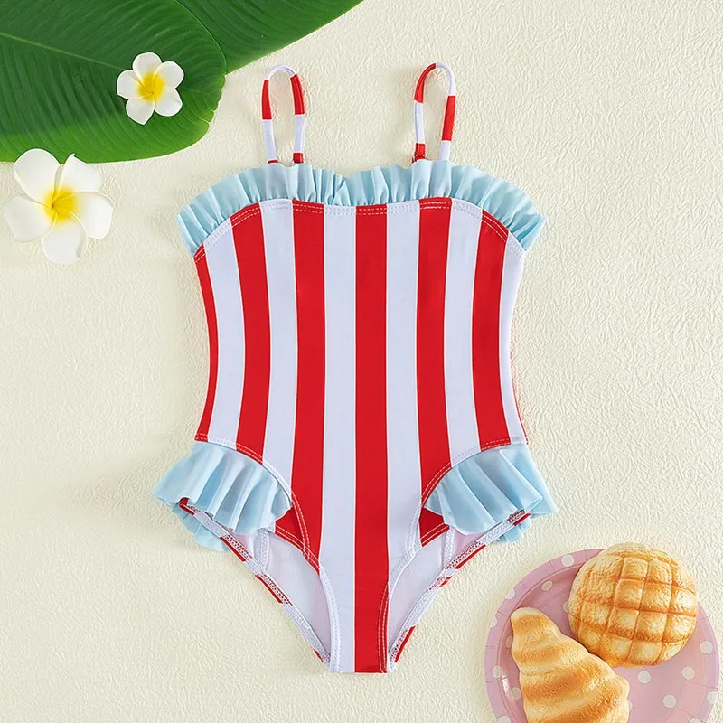 Summer Baby Girls Bikini Swimsuit Set Stripe Kids Swimwear Lace Baby  One Piece Swimsuit Sling Children Beachwear for Girls 4-7Y