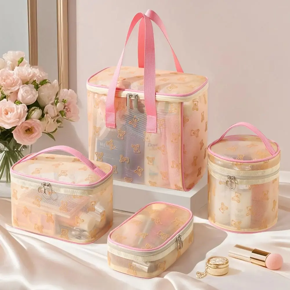 Tas Kosmetik Jaring Kapasitas Besar Ritsleting Kantong Penyimpanan Perlengkapan Mandi Multifungsi dengan Pegangan Tas Rias Perspektif Portabel