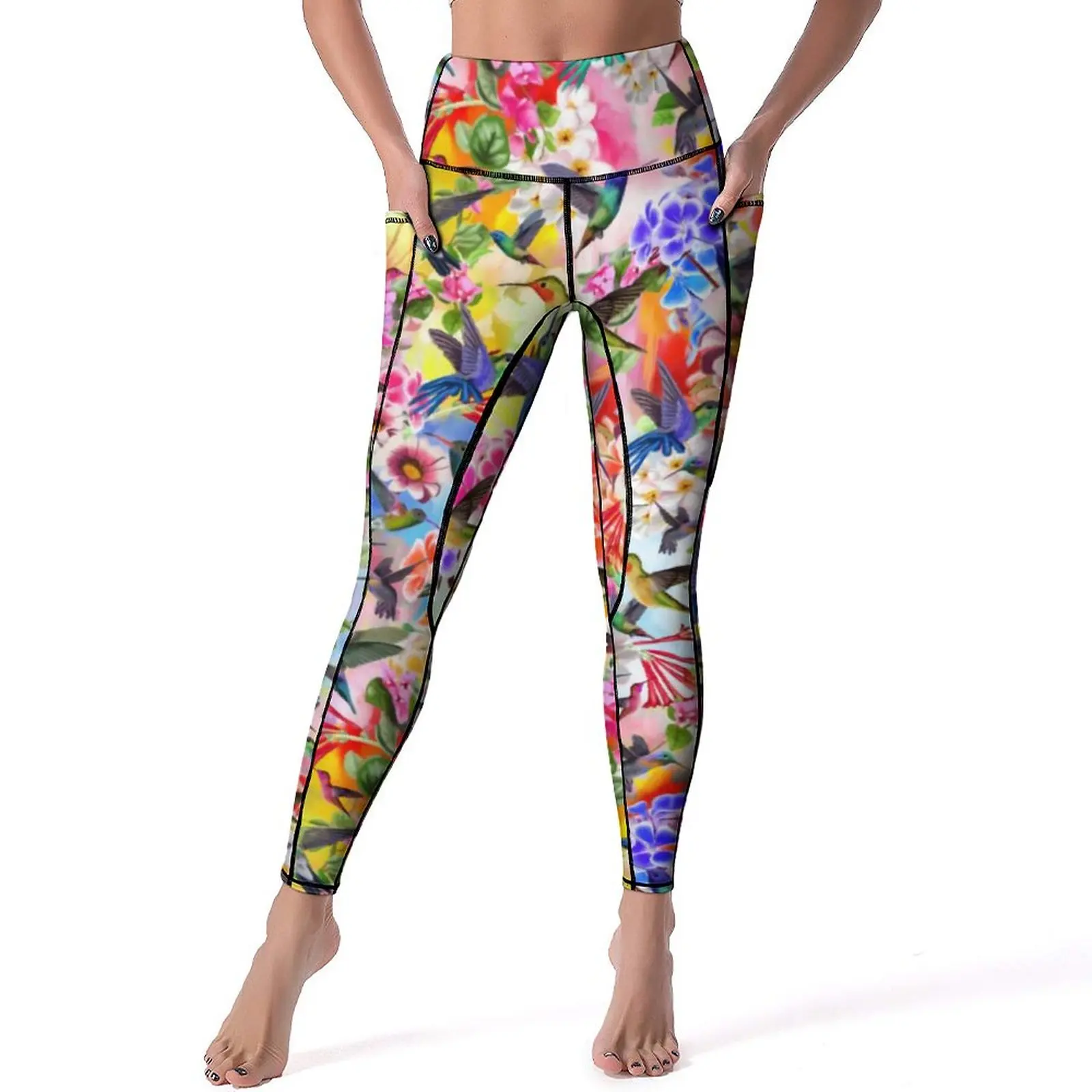 Humming Birds Yoga Pants Pockets Retro Flowers Print Leggings Sexy High Waist Sweet Yoga Sports Tights Graphic Fitness Leggins