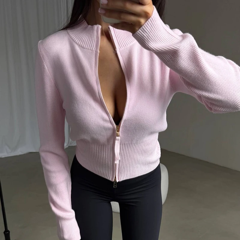 Casual O Neck Long Sleeved Commuting Knitted Coat Zipper Design Woman Short Sweaters Simple Multi Color Slim Fit Autumn Sweater