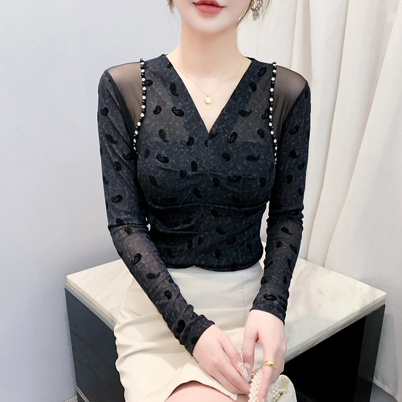 

Черный, осень, корейский, стиль, футболка, сексуальный, жаккардовое переплетение, блестящий, бисер, женский, топы, длинный рукав, лоскутное шитье, сетка, флокирование, футболки 592904