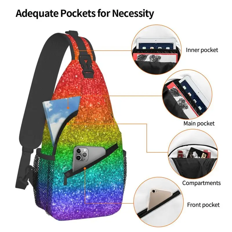 Mochila de hombro con purpurina personalizada para hombre, bolso cruzado de pecho con bandera de arco iris, LGBT, Orgullo Gay, informal, para viajes y ciclismo