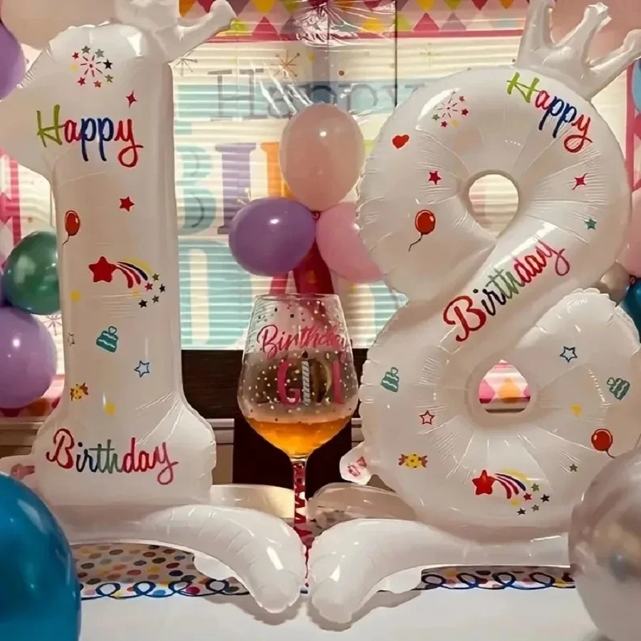 1 Stück 32 Zoll großer weißer Zahlenballon aus Aluminiumfolie mit Aufdruck „Happy Birthday“ und Krone für Geburtstagsfeiern und Jubiläen – Detail 10
