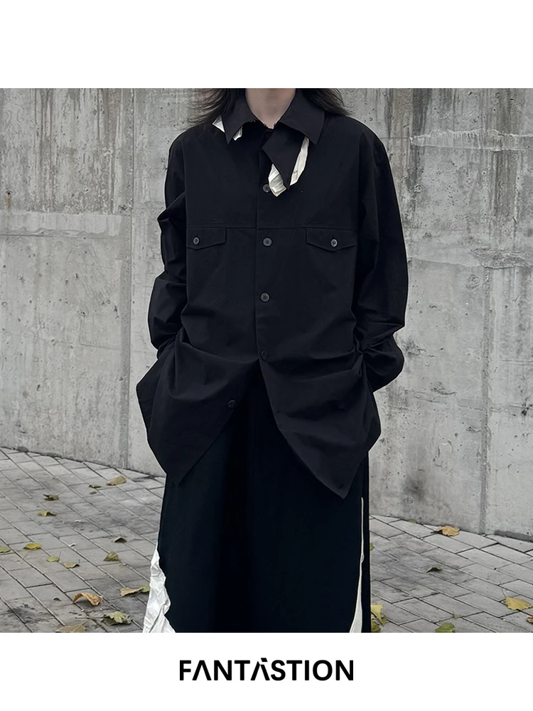 

FANTASTION Vertical cut ribbon cloud splicing fabric inner casual shirt chic Unisex Loose and oversized shirts