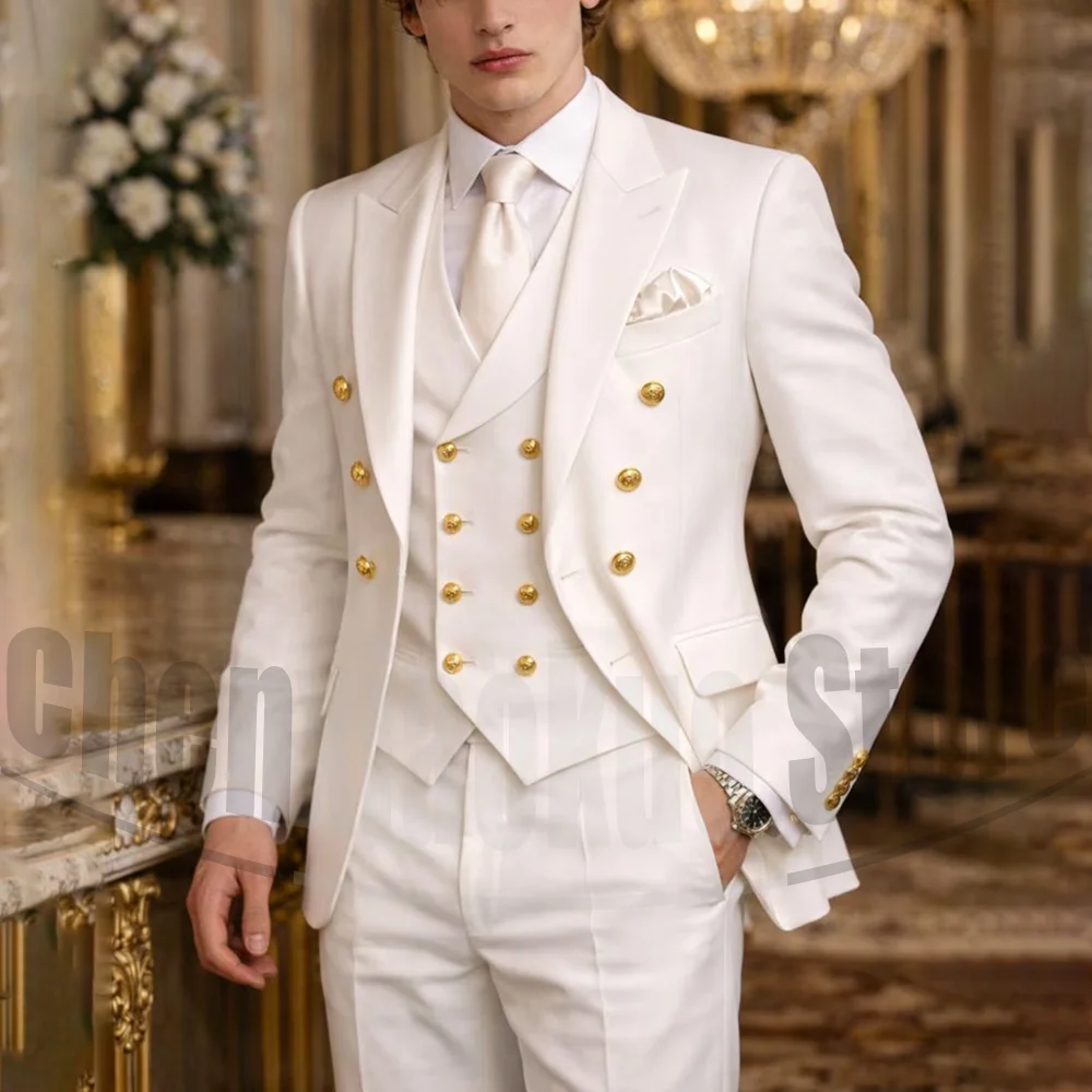 

White Men Suit 3 Piece Fashion Double Breasted Gold Button Slim Fit Outfit For Prom Party Business Formal Wedding Groom Tuxedo
