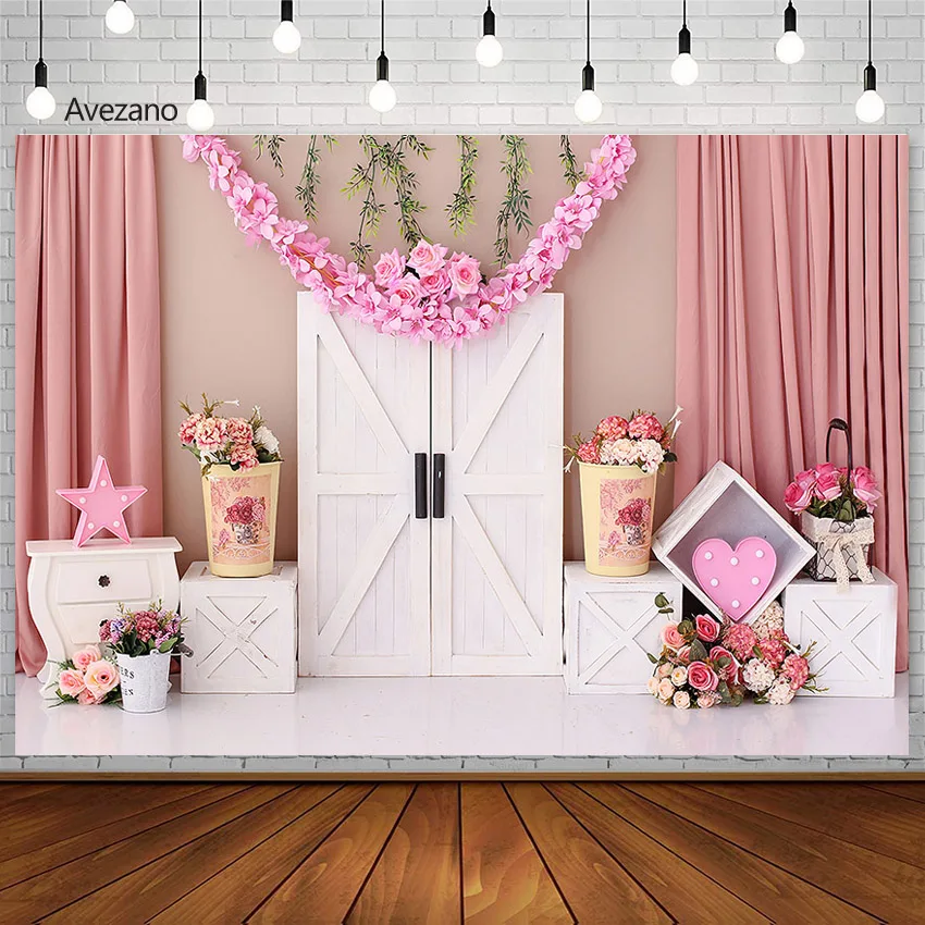 

Avezano Girl Valentine's Day Pink Curtains Flowers White Wooden Doors Background Decoration Photography Photo Photozone Props