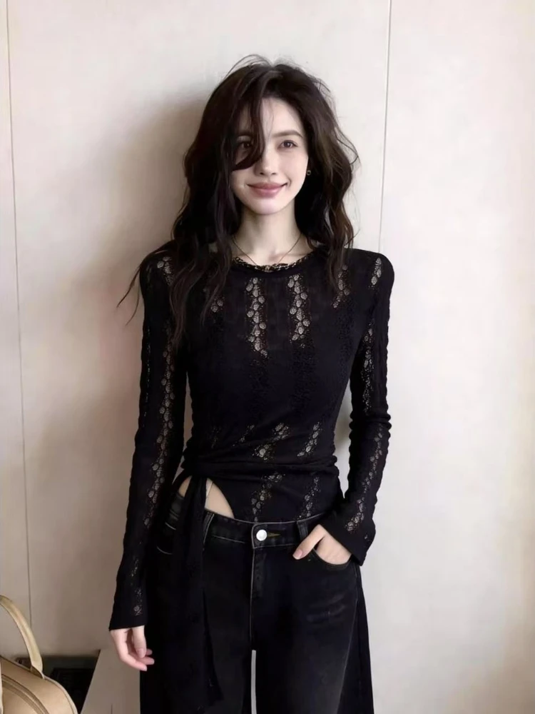 Black Lace Cutout Women Spring Summer Long Sleeve T-Shirt Slim Fit Tie Strap Asymmetric Top