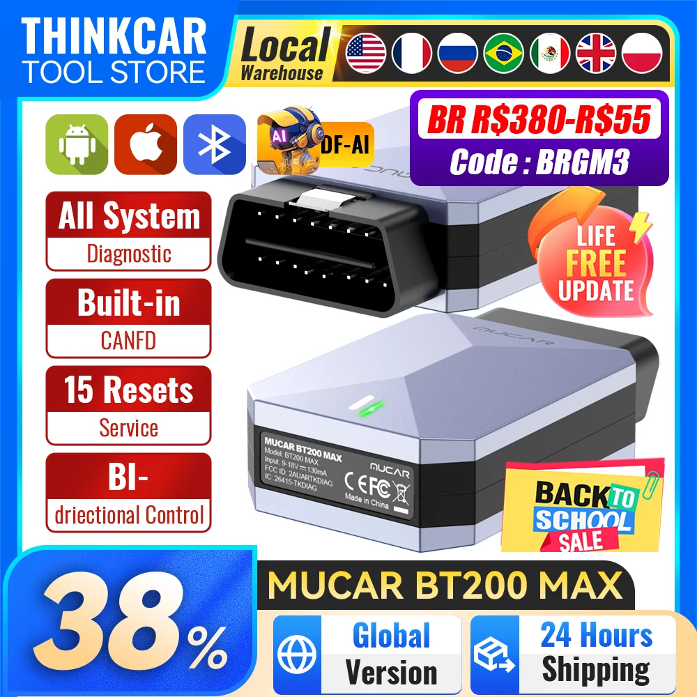 MUCAR BT200 MAX OBD2 Scanner Full System Automotive Diagnostic Scanners 15 Reset Active Test Lifetime Free Update Mucar Scanner
