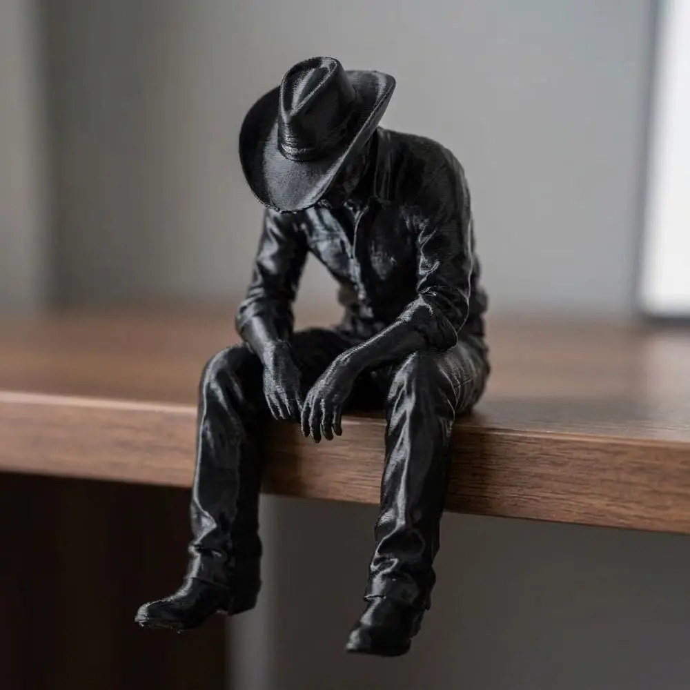 Western Style Sad Sitting Cowboy Sculpture 3D Printed Vintage Cowboy Figurine Ornament Pensive Lonely Cowboy Tabletop Decor