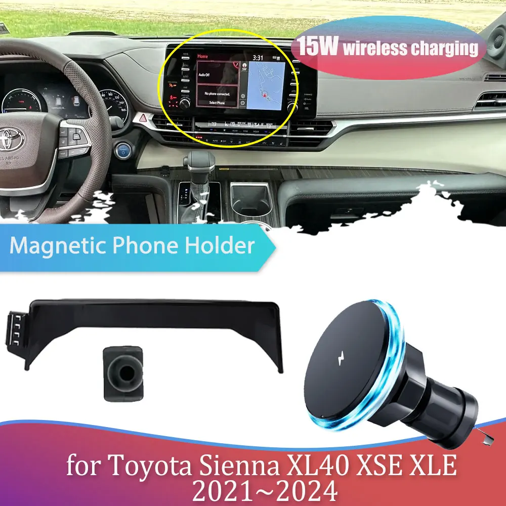 15W Car Phone Holder for Toyota Sienna XL40 XSE XLE 2021~2024 2022 Magnetic Support Wireless Charging Base Accessories iPhone