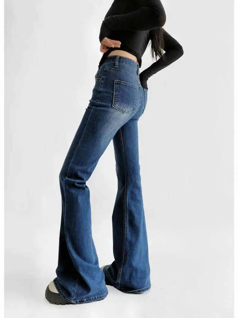 Erweiterte Damen-Jeans mit hoher Taille, elastisch, schlankmachend, lange Hosen, sexy Retro-amerikanische Sle-Beinverbesserung, ausgestellte Denim-Skinnies