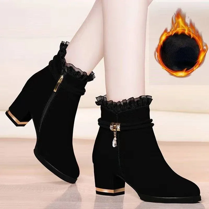 2024 New Autumn Fashion Boots Women Fur Winter Warm Pointed Ankle Boots Sexy High Heel Rhinestone Decoration Zipper Women Boots