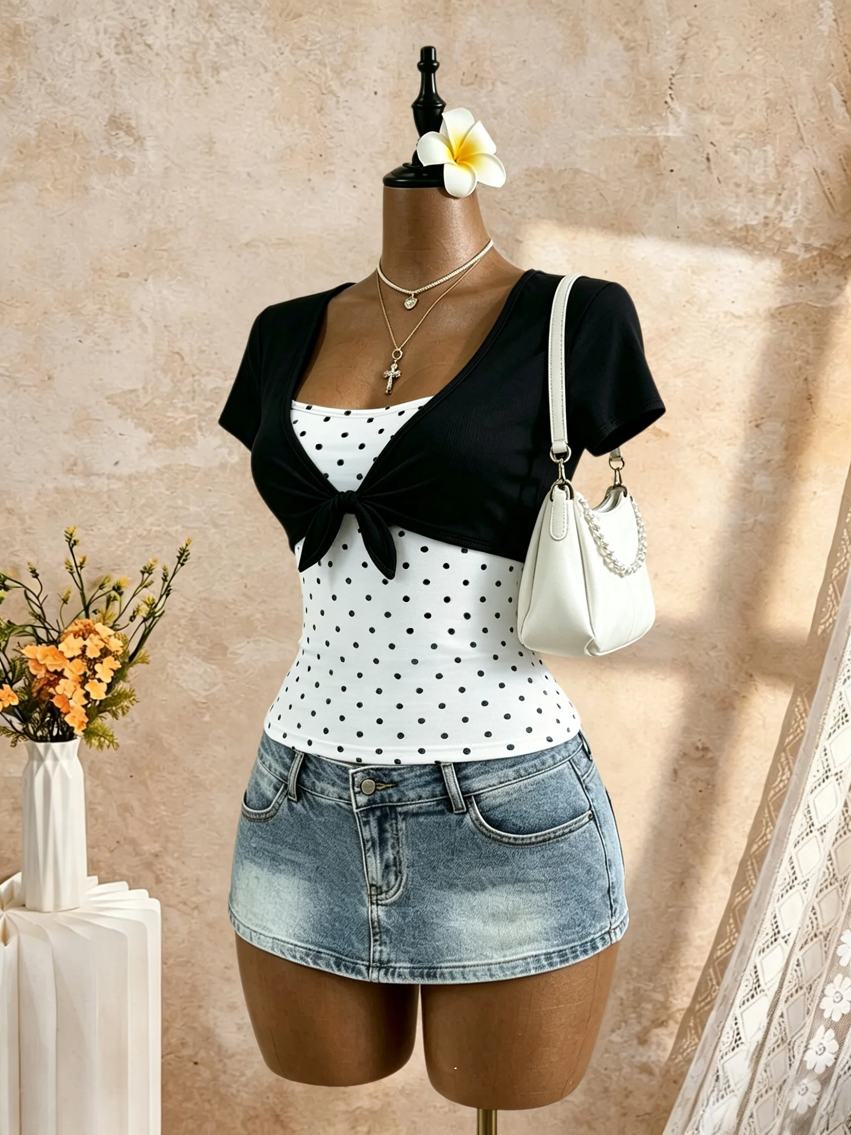 Damen-Outfit, bestehend aus zwei Teilen: kurzes Oberteil mit kurzen Ärmeln und vorne gebundenem Kragen sowie einem Tanktop mit Polka-Dot-Muster, figurbetont, lässig, für den Alltag und zum Ausgehen, zweiteiliges Oberteil. – Detail 4