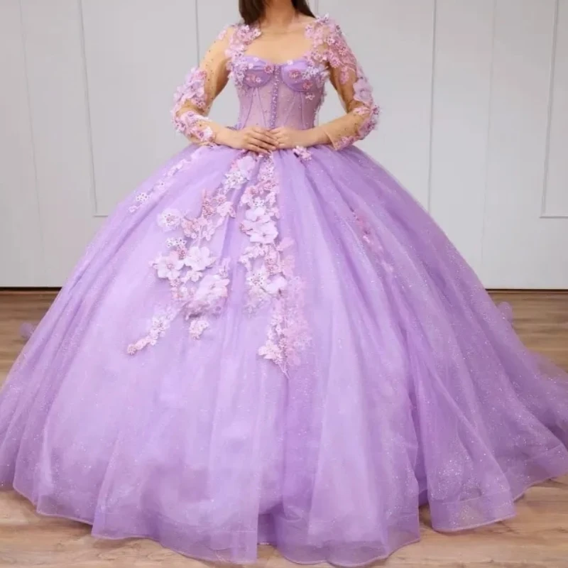 

Лавандовое платье Quinceanera с длинными рукавами по индивидуальному заказу, милое платье с v-образным вырезом и цветочной шнуровкой 15 16, платье для выпускного вечера, дня рождения, Vestido