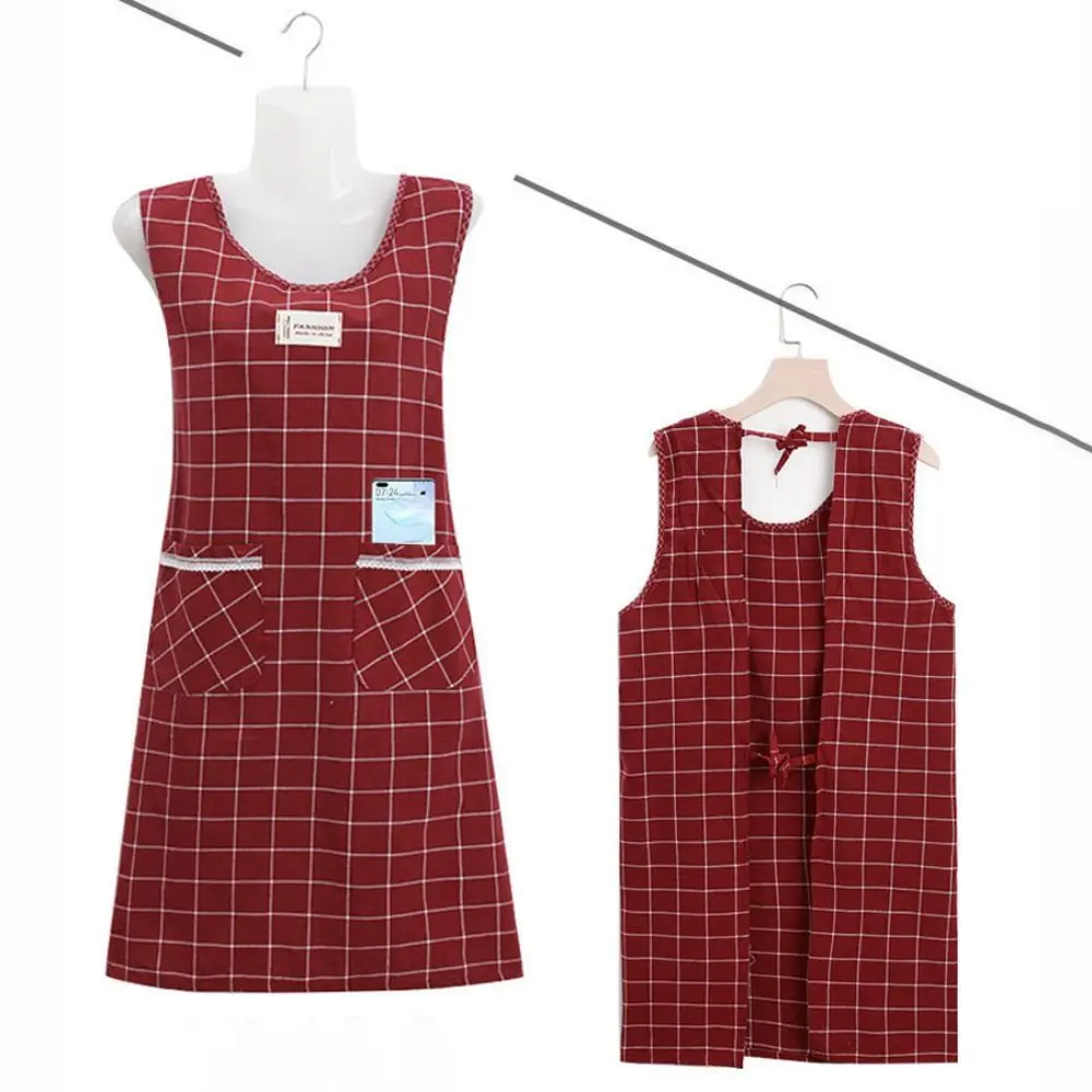 Haushalt Plaid Frauen Ärmellose Schürze Baumwolle Overalls Große Tasche Kochen Schürze Öl-proof Chef Schürzen Arbeit Uniform & Accessori