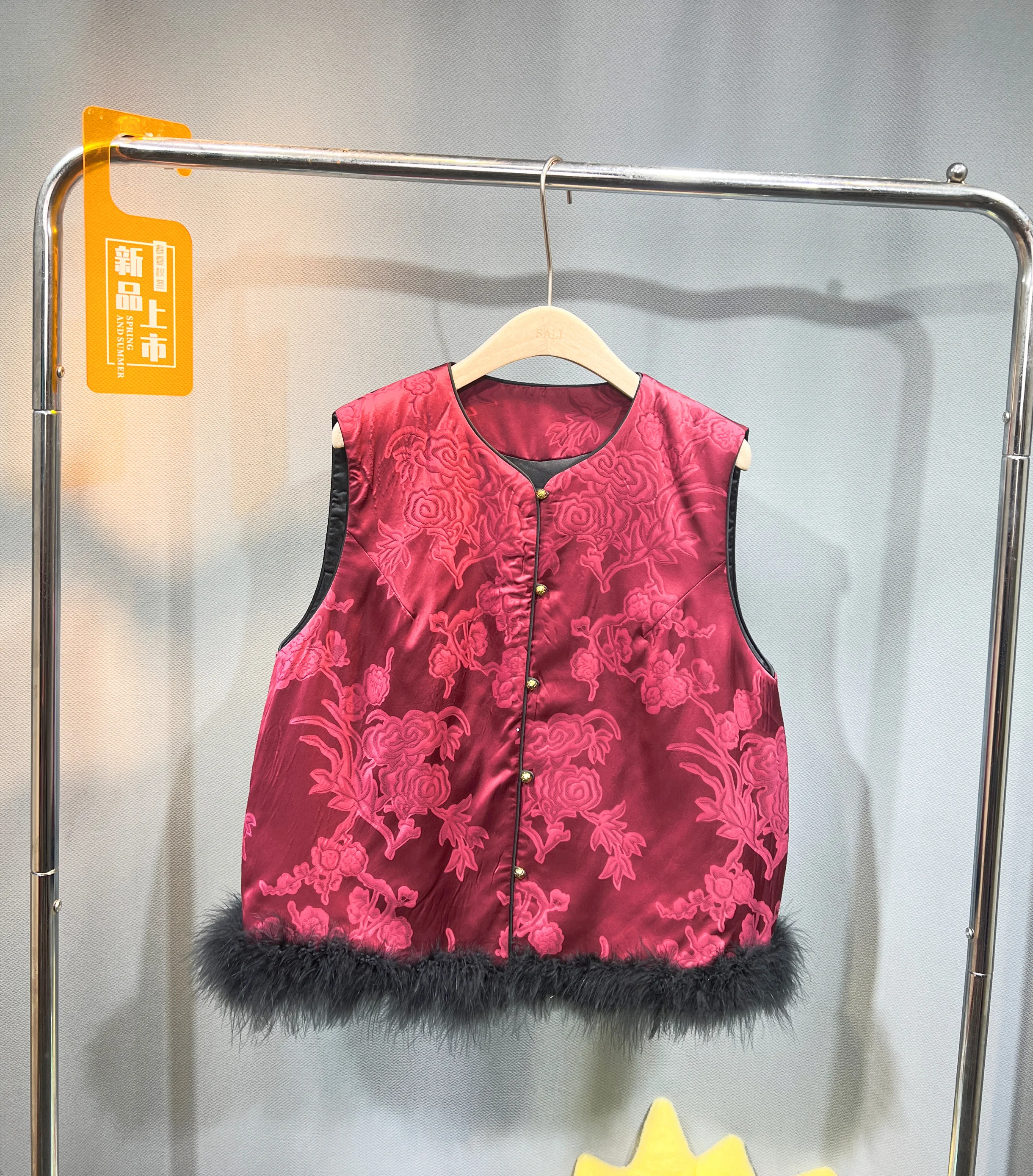 New Chinese Jacquard Splicing Ostrich Fur Ladies Vests Women's 2024 Autumn Winter New Retro Trendy Female Sleeveless Cotton Tops