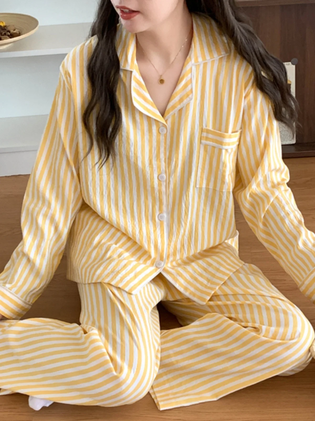 

Cloud Cotton Spwear Women's Open Cardigan Home Clothes Sweet Striped Loose Casual Sle Set Cute Student Nightgown