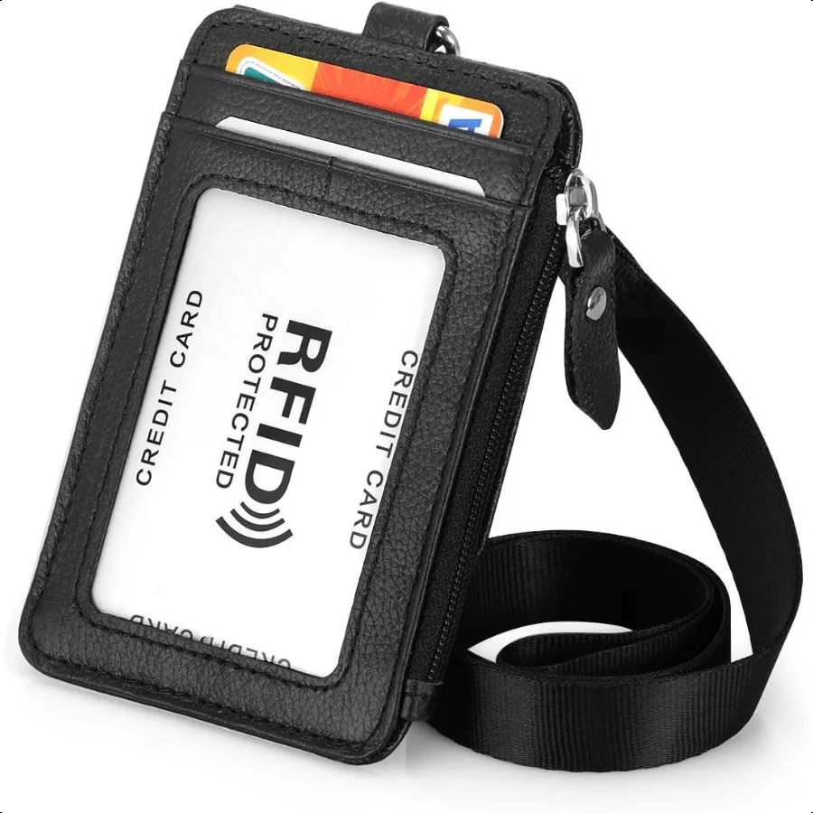 

Badge Holder with Zipper Genuine Leather RFID Keychain Wallet Neck Lanyards with Swivel Hook for Card Coin Cash Black
