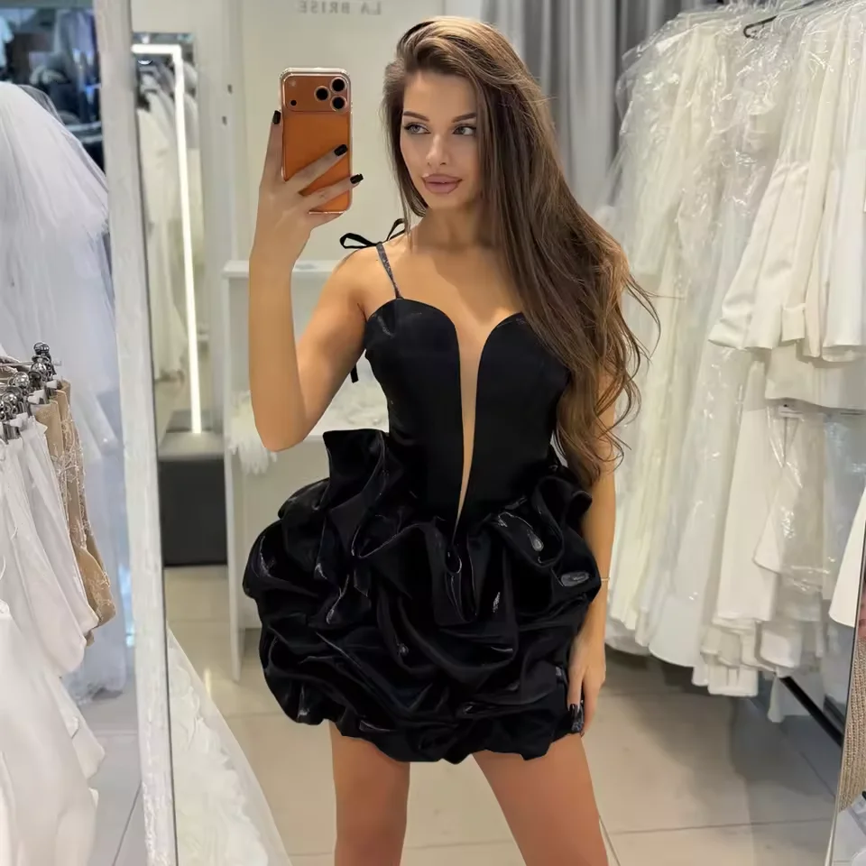 

Customized Sweetheart Strap Mini Prom dress Black shiny Satin Cocktail Party Dresses Short Tiered Short Special Event Club Dres