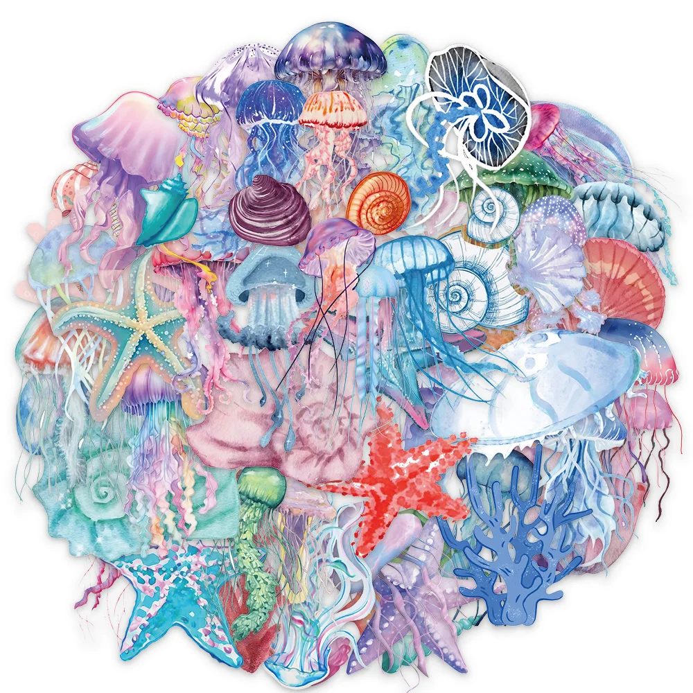 50PCS Set of Tropical Fish Graffiti Stickers Jellyfish Sea Star Shell Coral Stickers Decorative Frame DIY Waterproof Stickers