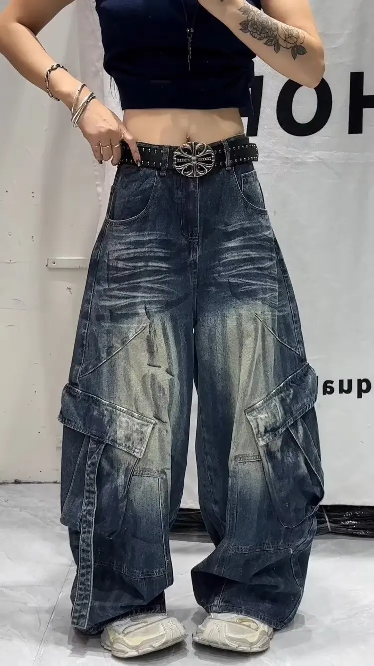 American Retro Deconstructed Design Multi-Pocket Wide Leg Women's Jeans Loose Fit Workwear Big Pocket Pants