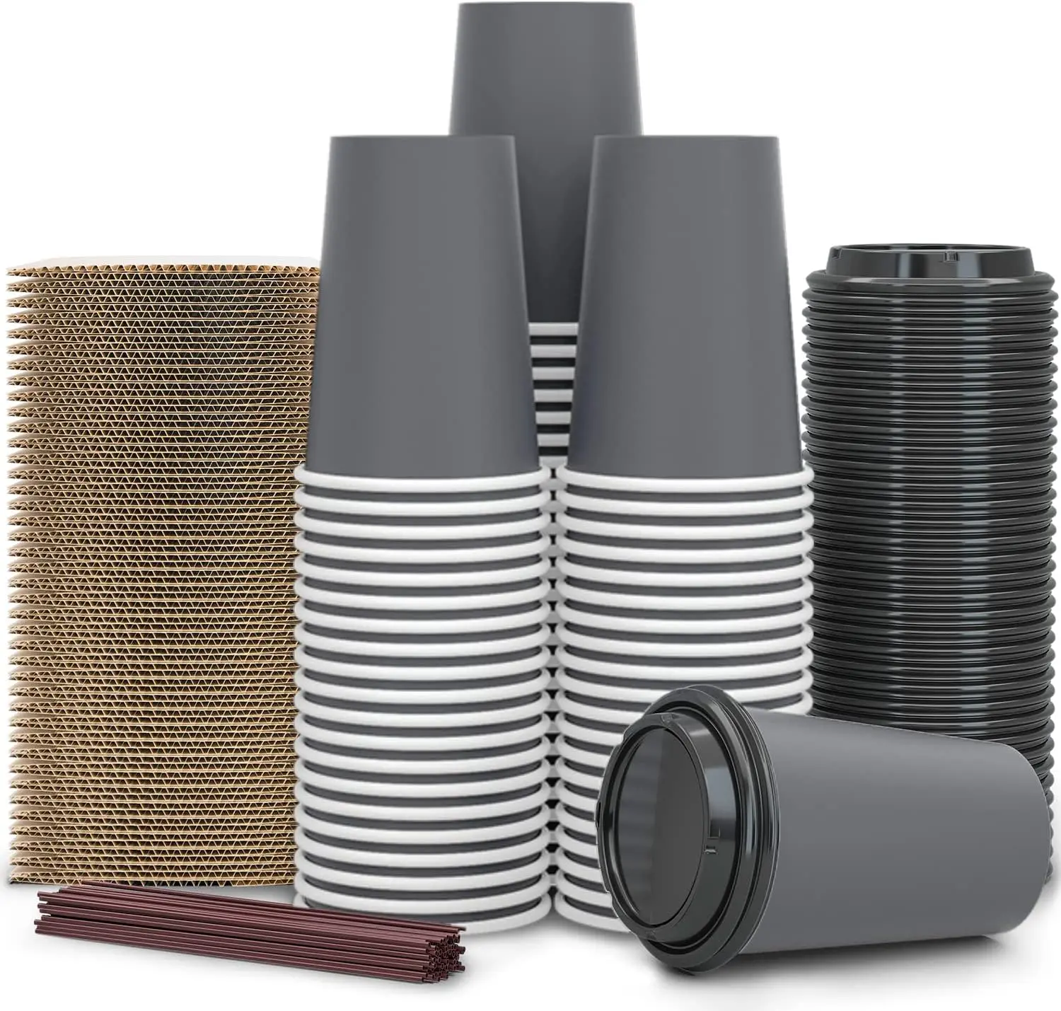 

100 Pack - 12 oz Disposable Coffee Cups To Go with Lids Sleeves and Straws 100% Biodegradable & Compostable Pla Eco Frie