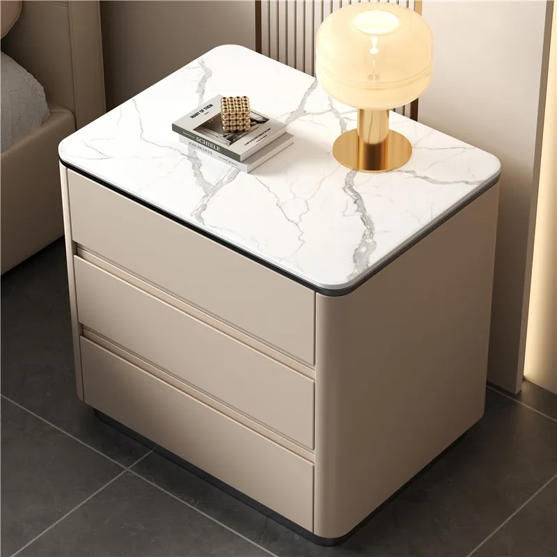 Bedside table, three-bucket cabinet, bedroom, simple modern light luxury, rock slab countertop, three drawers, all solid wood fr
