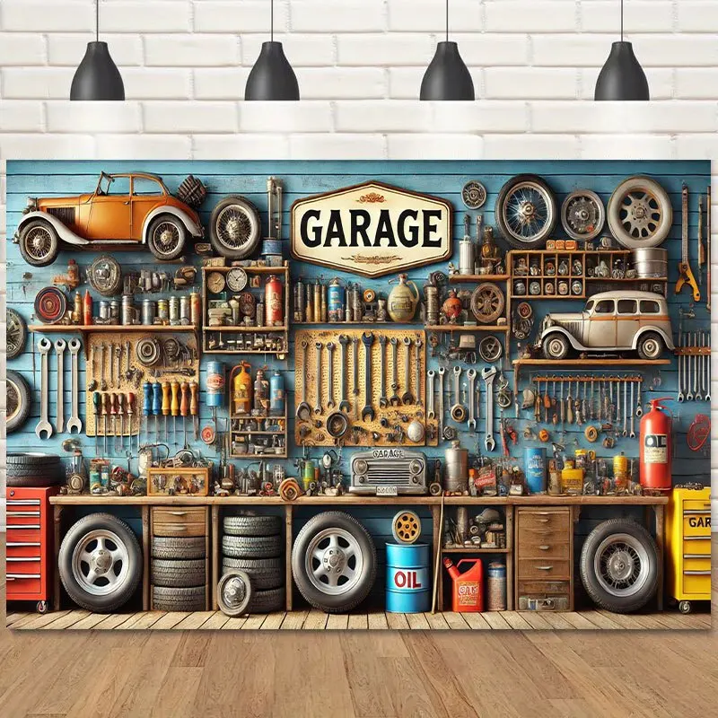 Hintergrundstoff im Vintage-Stil für Garagenwerkstatt – ideal für Geburtstagsfeiern, Fotokabinen und Feiern im Freien