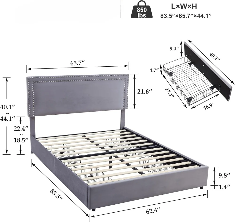 Queen Size Upholstered Platform Bed Frame with 4 Storage Drawers, Adjustable Velvet Rivets Headboard, Wooden Slats Support