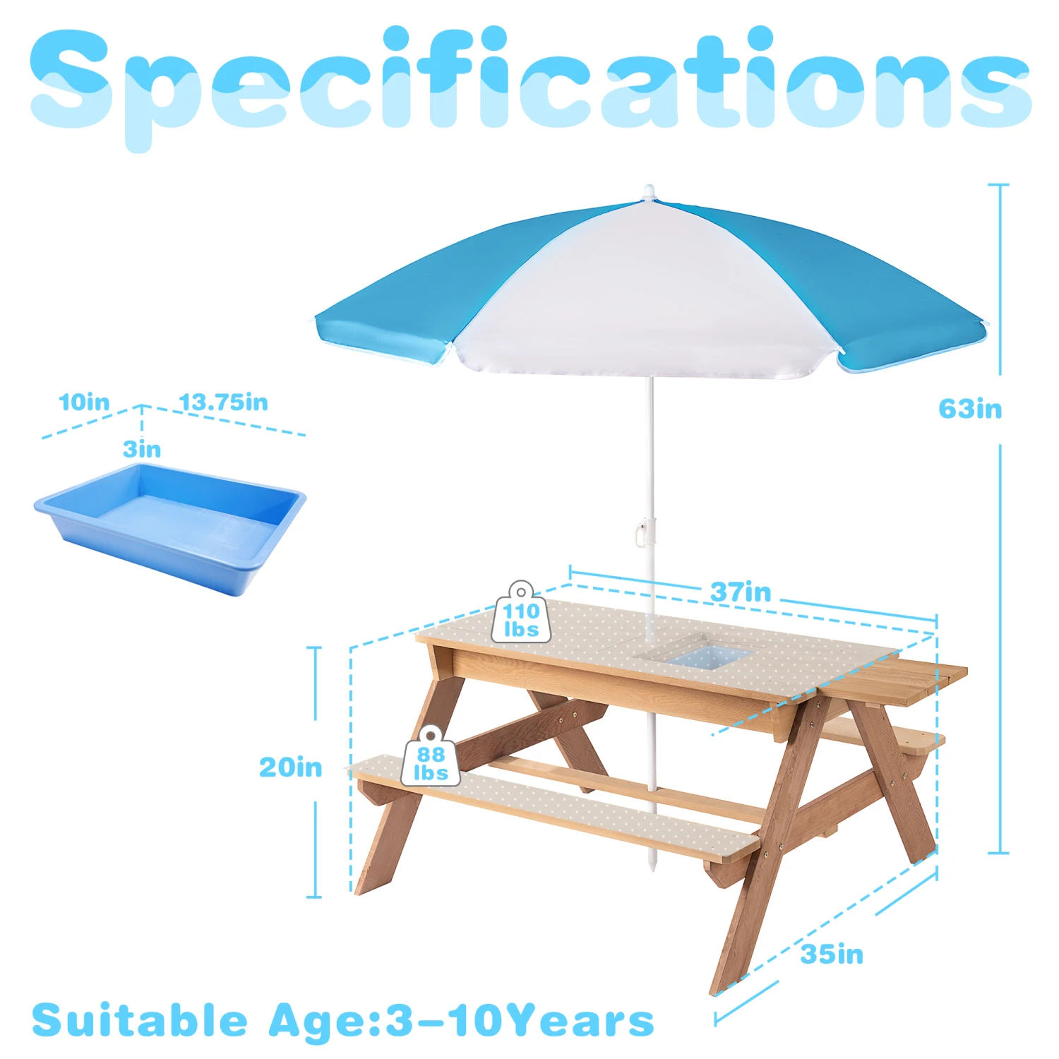 

Kids Outdoor Wooden Picnic Table with Umbrella, Convertible Sand & Water, ASTM & CPSIA Certified Gray