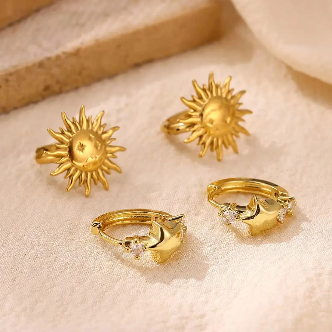 Fashion Sun Stud Hoop Earrings for Women Gold Color Star Moon Zircon Earring Stainless Steel Piercing Charm Jewelry Accessories