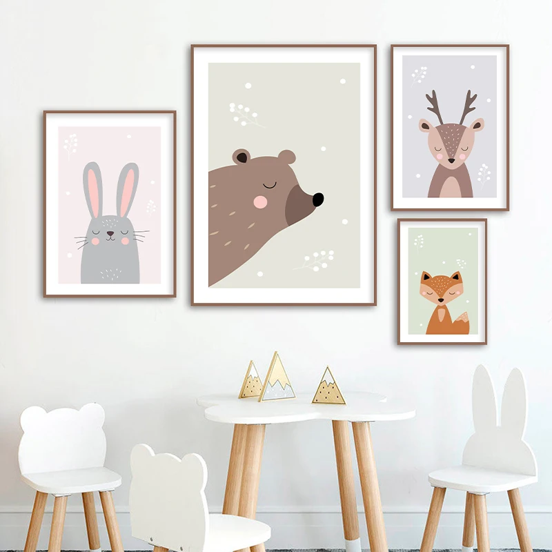 Forest Animals Set of 4pcs Wall Art Hare Bear Deer Fox Posters and Prints Art for Kid Room Baby Décor Kids Wall Art Animals