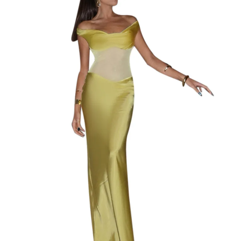 ZX25253PFO Vollständig verwaltetes, heiß verkauftes, schulterfreies Mesh-Patchwork-Satin-Kleid mit elegantem Design-Sinn