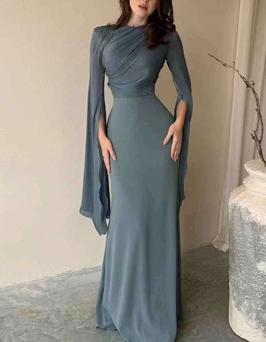 

2024 Autumn Long Sleeve Solid Ruched Gown Drawstring Waist Maxi Dresses Elegant Blue Ruffle Celebrity Runway Evening Party Dress