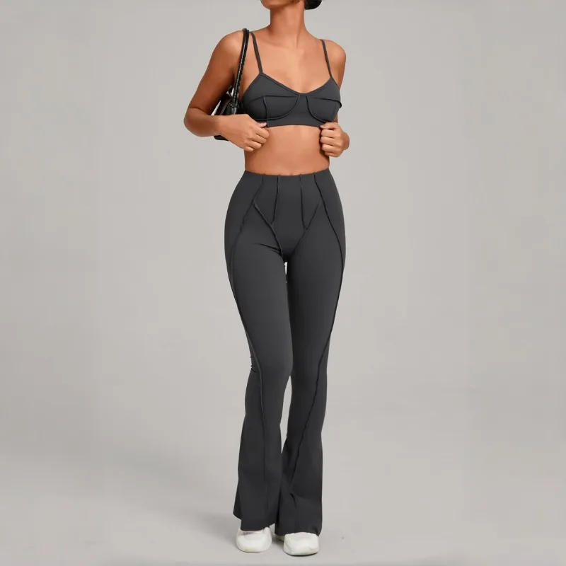 

Женский комплект для йоги телесного цвета из 2 предметов, облегающий бюстгальтер, расклешенные брюки, спортивный костюм для тренажерного зала, фитнеса, спортивный комплект с высокой талией, подтягивающий бедра, костюм для йоги
