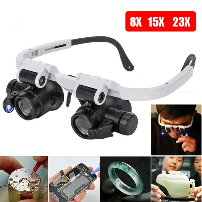 Hands Free LED Headband Magnifier Glasses Adjustable Magnifying Lens Head Mount Tool for Watch Repair Craft Embroidery Work